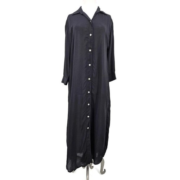 New Londre Button Down Shirt Dress Womens S/M Black Bamboo Rayon Cover Up - Picture 2 of 8